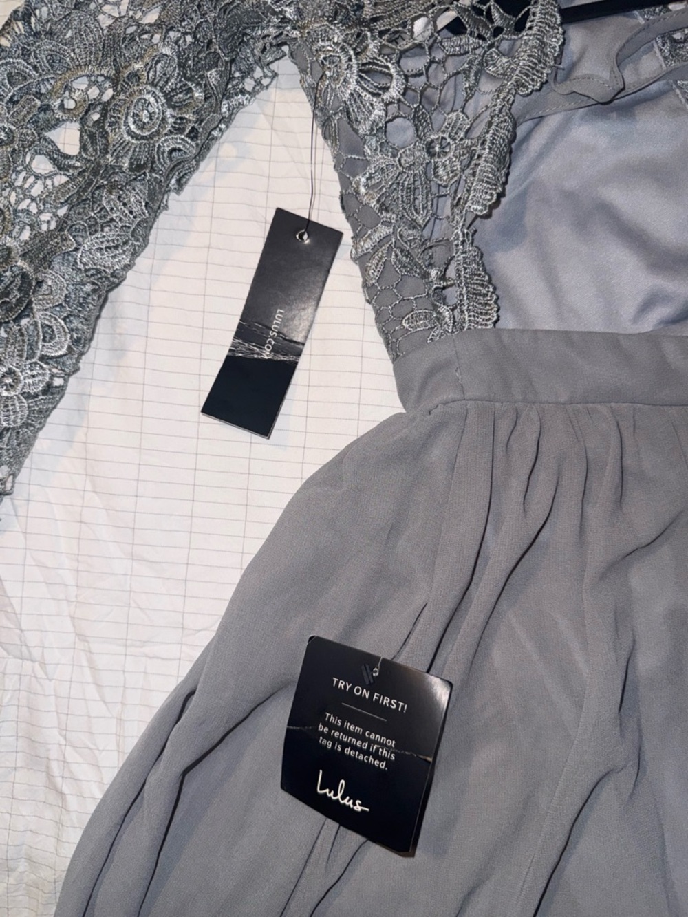 *NWT* Lulus tie-back, lace long sleeve maxi in light bluish-gray. Size medium - Picture 2 of 4
